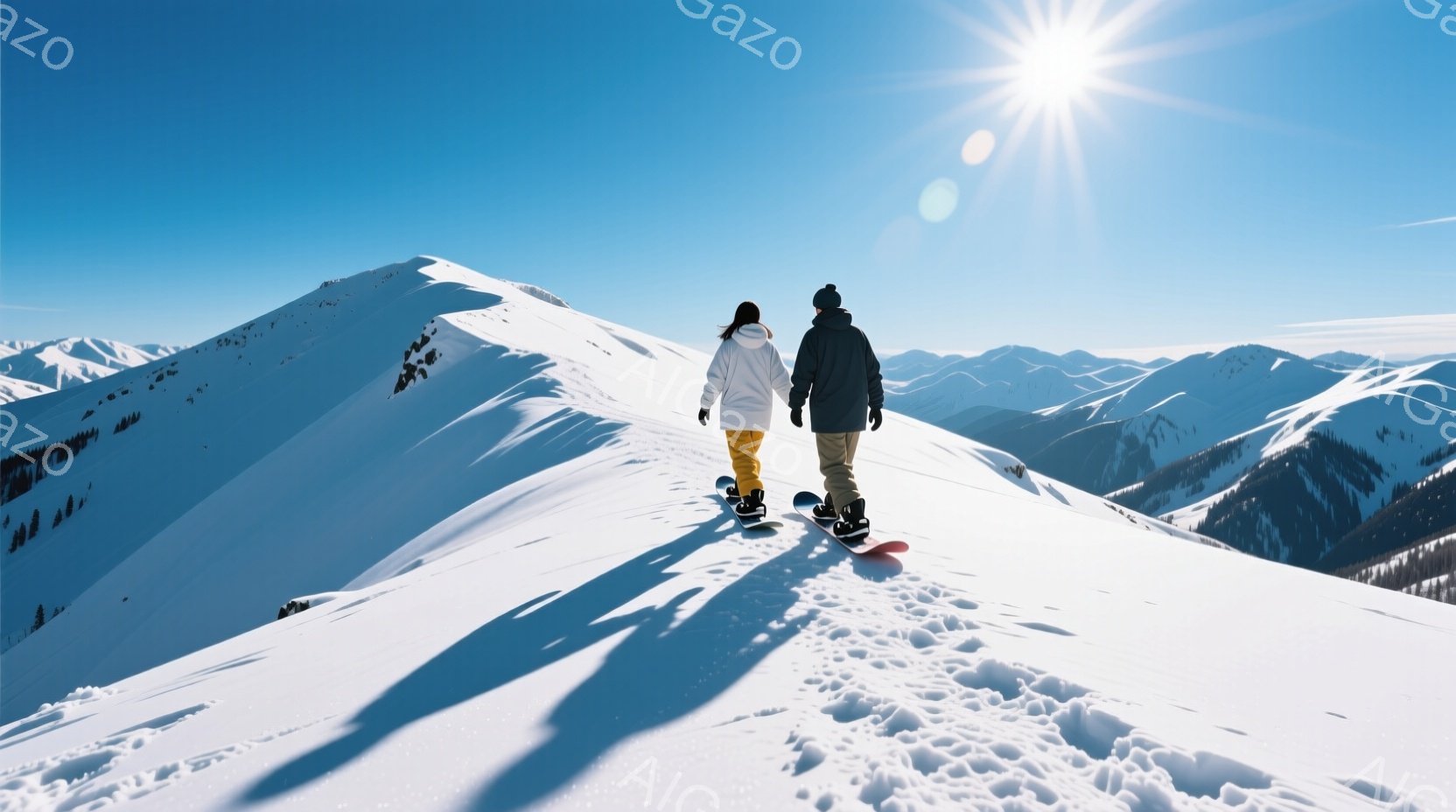 雪山を背景に、白と黒のウェアを着用した男女がスキーをして山頂を目指している様子が捉えられています。二人は後ろ姿で、険しい山並みを背景に、力強く歩を進めているように見えます。晴天の下、雪は輝き、壮大な自然の美しさと、スキーを楽しむアクティブな雰囲気が伝わってきます。