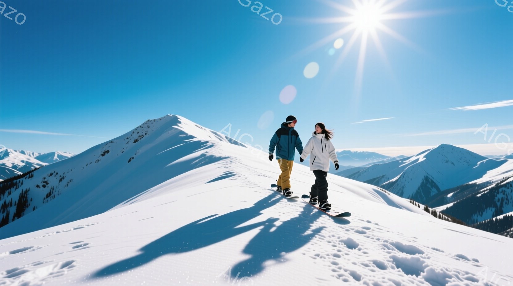 雪山の上をスノーボードを履いた男女が歩いている様子が写っている。男性は濃い青色のジャケットと黒いズボン、女性は白いジャケットと黒いズボンを着用し、どちらも頭に帽子をかぶっている。背景には雪をまとった山々が連なり、晴天の下、強い日差しが降り注いでいる。