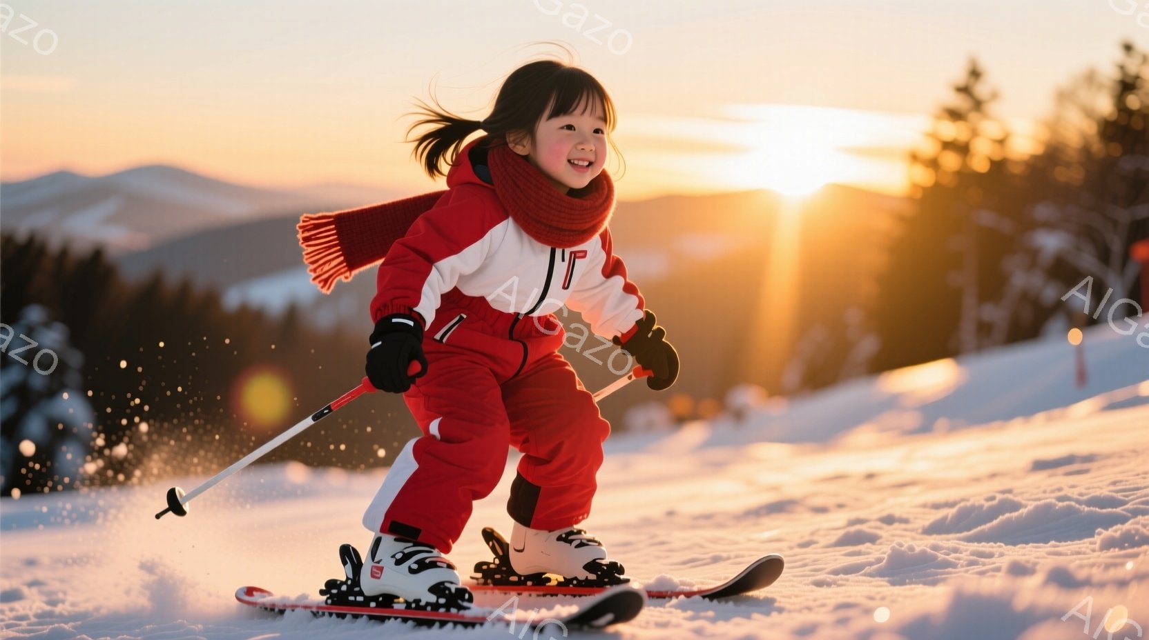 雪山をスキーで滑る幼い少女が写っている。赤いスキーウェアに黒い手袋、髪は後ろで結ばれ、笑顔で楽しそうに滑っている。背景には雪に覆われた山々と夕焼けが広がり、暖かく穏やかな雰囲気を醸し出している。 - AI生成フリー素材