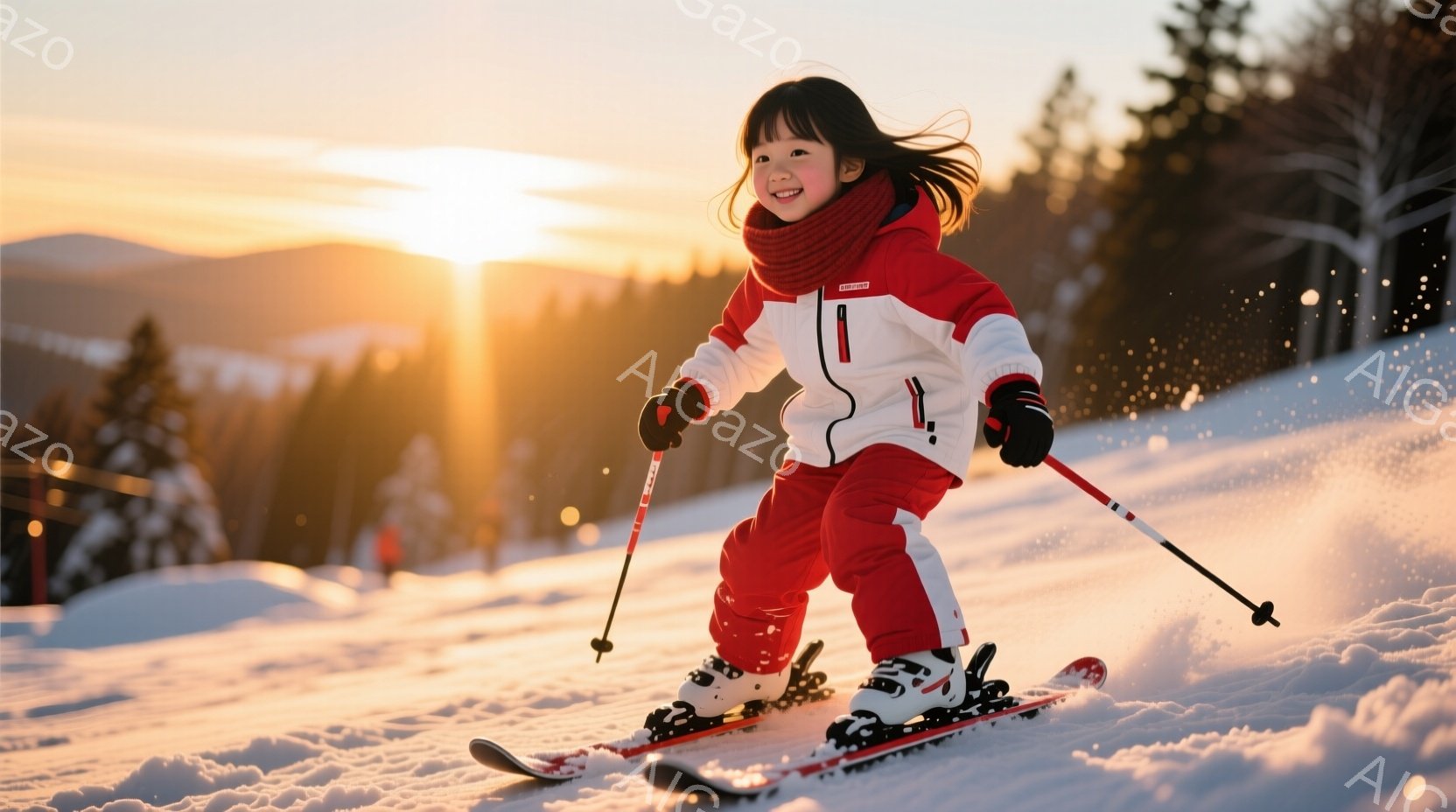 赤いスキーウェアに身を包んだ少女が、雪の上を滑走している。彼女は黒髪を後ろで一つにまとめ、満面の笑みを浮かべており、その表情は喜びでいっぱいだ。背景には雪をまとった木々と夕焼け空が広がり、暖かく活気の - AI生成フリー素材