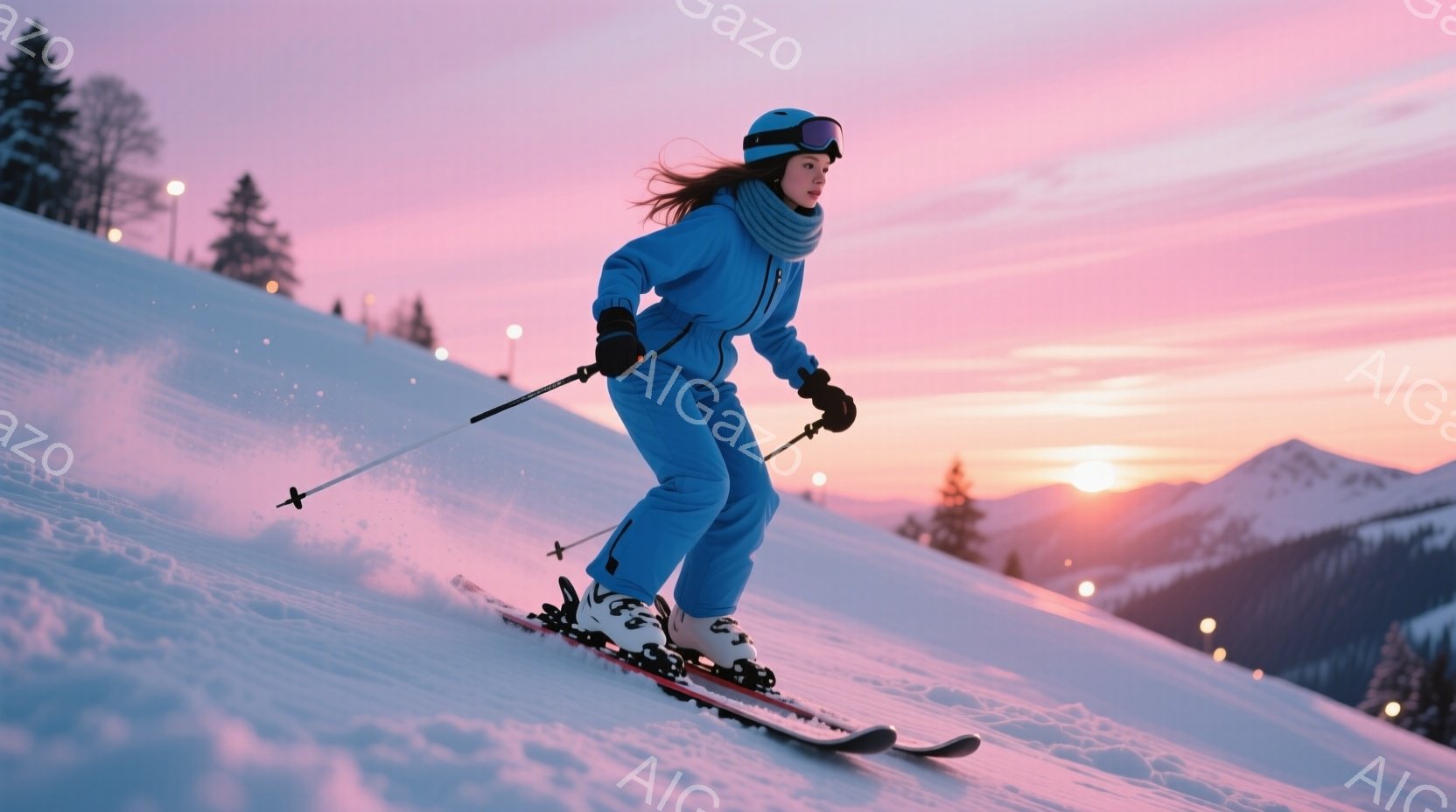 鮮やかな青いスキーウェアを身に着けた女性が、雪山を滑降している。彼女は黒いヘアスタイルで、集中した表情で斜面を見据えている。背景には、夕焼けに照らされた山々と、点在する建物の光が広がり、冬の穏やかな雰囲気を醸し出している。