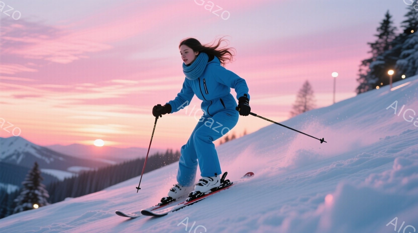 鮮やかな水色のスキーウェアに身を包んだ女性が、雪山を滑走している。髪は風になびき、姿勢は安定しており、スキーを楽しんでいる様子が伝わる。背景には山々と夕焼けが広がり、幻想的な雰囲気を醸し出している。 - AI生成フリー素材