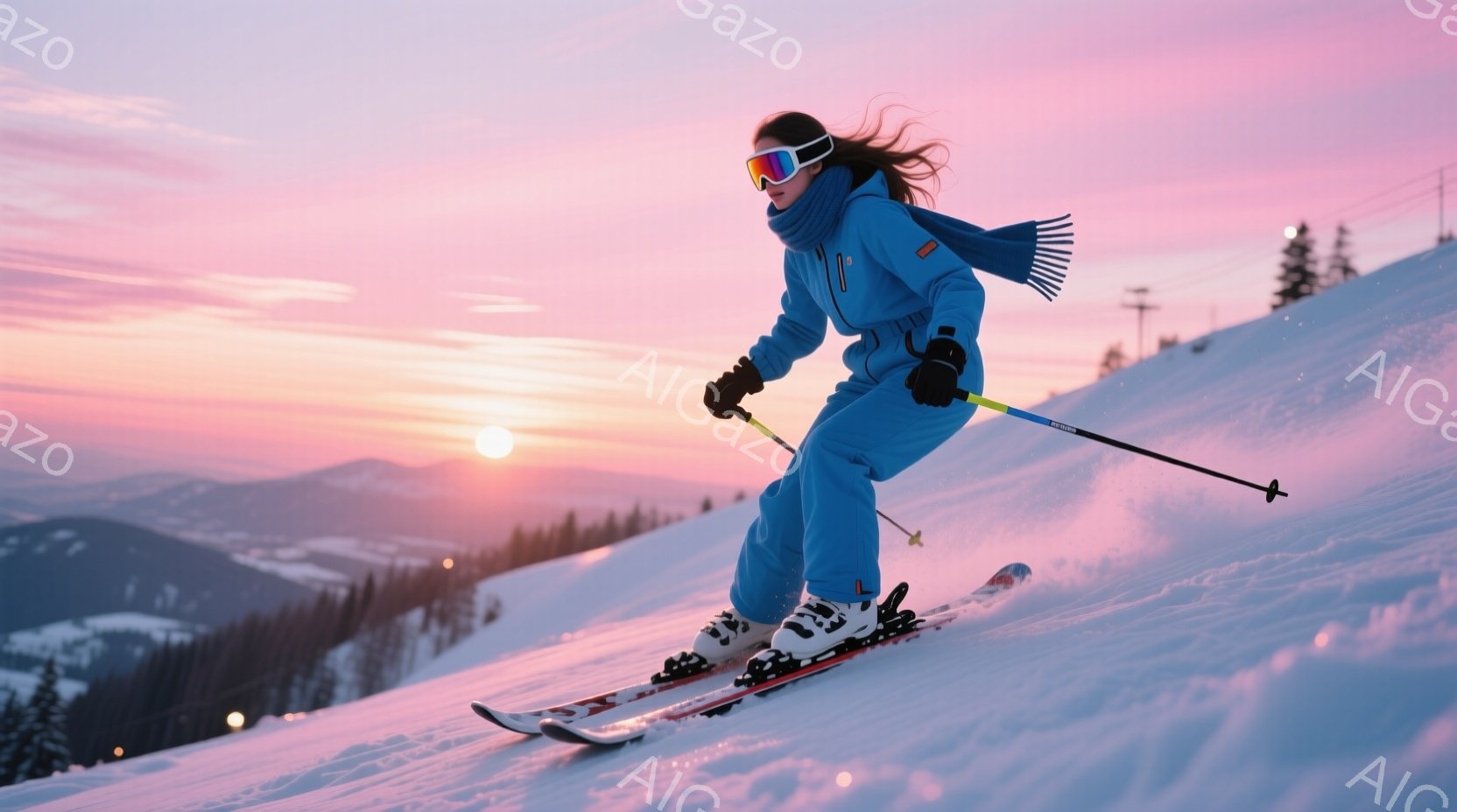 青いスキースーツを着た女性が、雪山をスキーで滑っている様子が写っている。彼女は黒い髪を後ろでまとめ、ゴーグルをかけている。背景には雪をまとった山々と、夕焼けのようなピンク色の空が広がり、活気ある冬の雰 - AI生成フリー素材