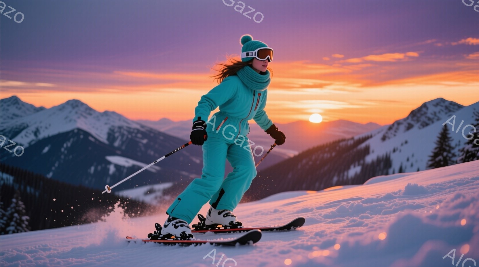 スキーヤーが雪山を滑走している様子が写っている。ターコイズブルーのスキーウェアに、白と黒のヘルメットとゴーグルを着用し、髪は後で三つ編みにされている。背景には夕焼けに照らされた雪山が連なり、暖かくダイナミックな雰囲気を作り出している。