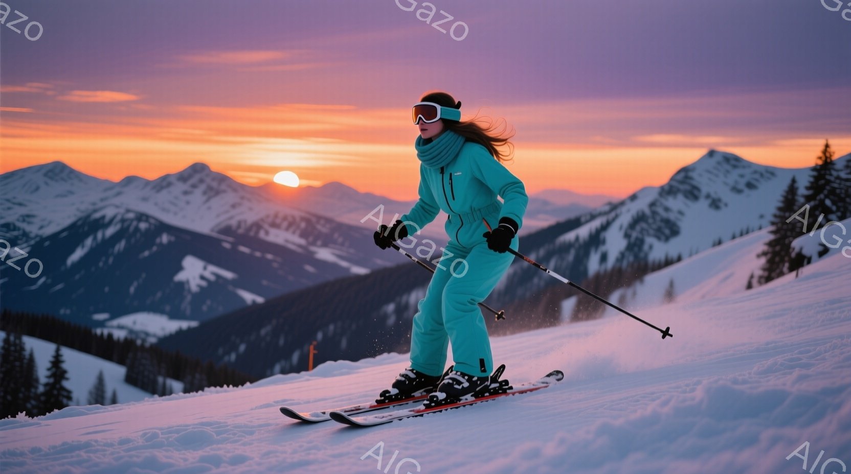 スキーウェアの女性が雪山を滑走している様子が写っている。ターコイズブルーのスキースーツに黒いゴーグル、髪は後ろで三つ編みにされ、スピード感のある滑りをしている。背景には雪をまとった山々が連なり、夕焼けのようなオレンジ色の空が広がり、冬のダイナミックな雰囲気を醸し出している。