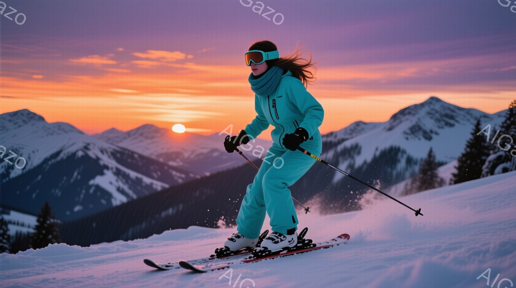 スキーウェアを着た女性が雪山を滑走している様子が写っている。ターコイズブルーのスキーウェアと黒髪が風になびき、ヘルメットとゴーグルを着用している。背景には雪をまとった山々が連なり、空はオレンジと紫の色合いで夕焼けまたは日の出の美しいグラデーションを描いている。
