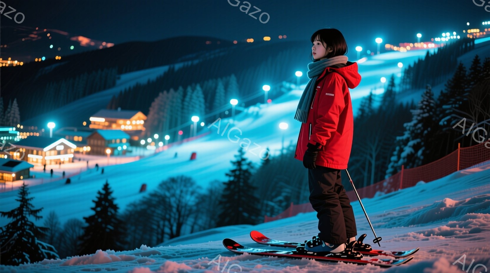 雪原に立つ少女は、赤色のスキーウェアと黒のズボンを着用し、頭には暗色の髪をまとめている。彼女はスキー板を装着し、遠くを見つめ、少し物憂げな表情を浮かべている。背景にはライトアップされた建物が並び、雪に - AI生成フリー素材