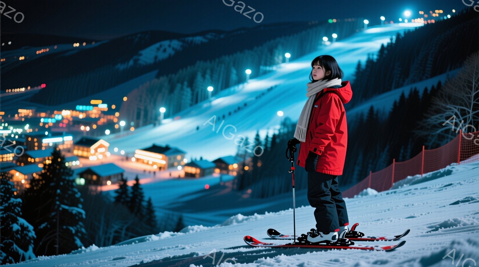 雪山を背景に、赤いジャケットを着た女性が立っている。彼女は黒い髪で、白いマフラーを巻き、少し上を見ている。背景には、ライトアップされた建物とスキーコースが広がり、夜の静かで幻想的な雰囲気を醸し出している。