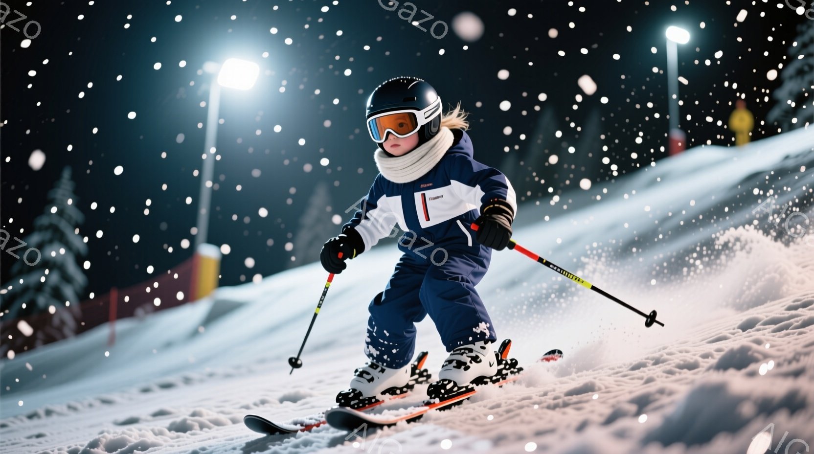 雪山をスキーで滑っている少年が写っている。彼は青と白のスキーウェア、黒のヘルメット、ゴーグルを着用し、滑降姿勢で両手を前に出してバランスを取っている。背景には雪に覆われた山々と、ぼんやりと光る街灯があり、雪が舞う冬の景色が広がっている。