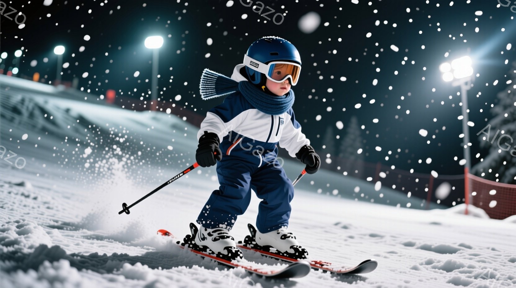 雪山をスキーで滑っている幼い男の子が写っています。濃い青色のスキーウェアに白いラインが入っており、ヘルメットとゴーグルを着用し、表情は真剣で集中しています。背景には雪が降り積もり、夜間に照らされたスキー場の一部が見え、活気がありながらも静かな雰囲気が漂っています。
