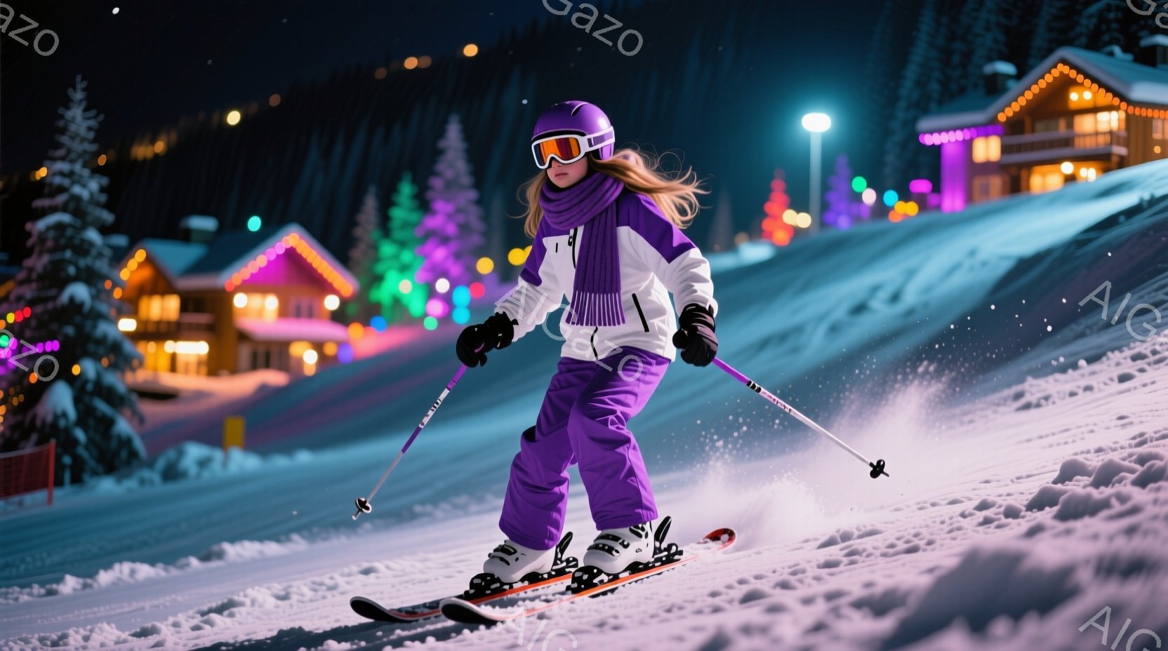紫色のスキーウェアに身を包んだ少女が、雪山を滑走している。彼女は白いゴーグルと長い髪を少し垂らしたスタイルで、前方に集中した表情をしている。背景にはライトアップされた建物が見え、雪が舞う夜のスキー場の - AI生成フリー素材