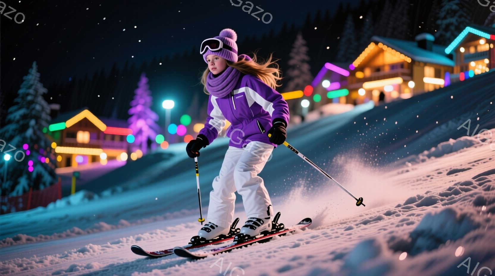 紫色のスキーウェアに身を包んだ少女が雪の上を滑走している。彼女はピンク色のヘルメットとゴーグルを着用し、長い髪は風になびいている。背景にはライトアップされた建物が並び、雪が舞う夜のスキー場の幻想的な雰 - AI生成フリー素材