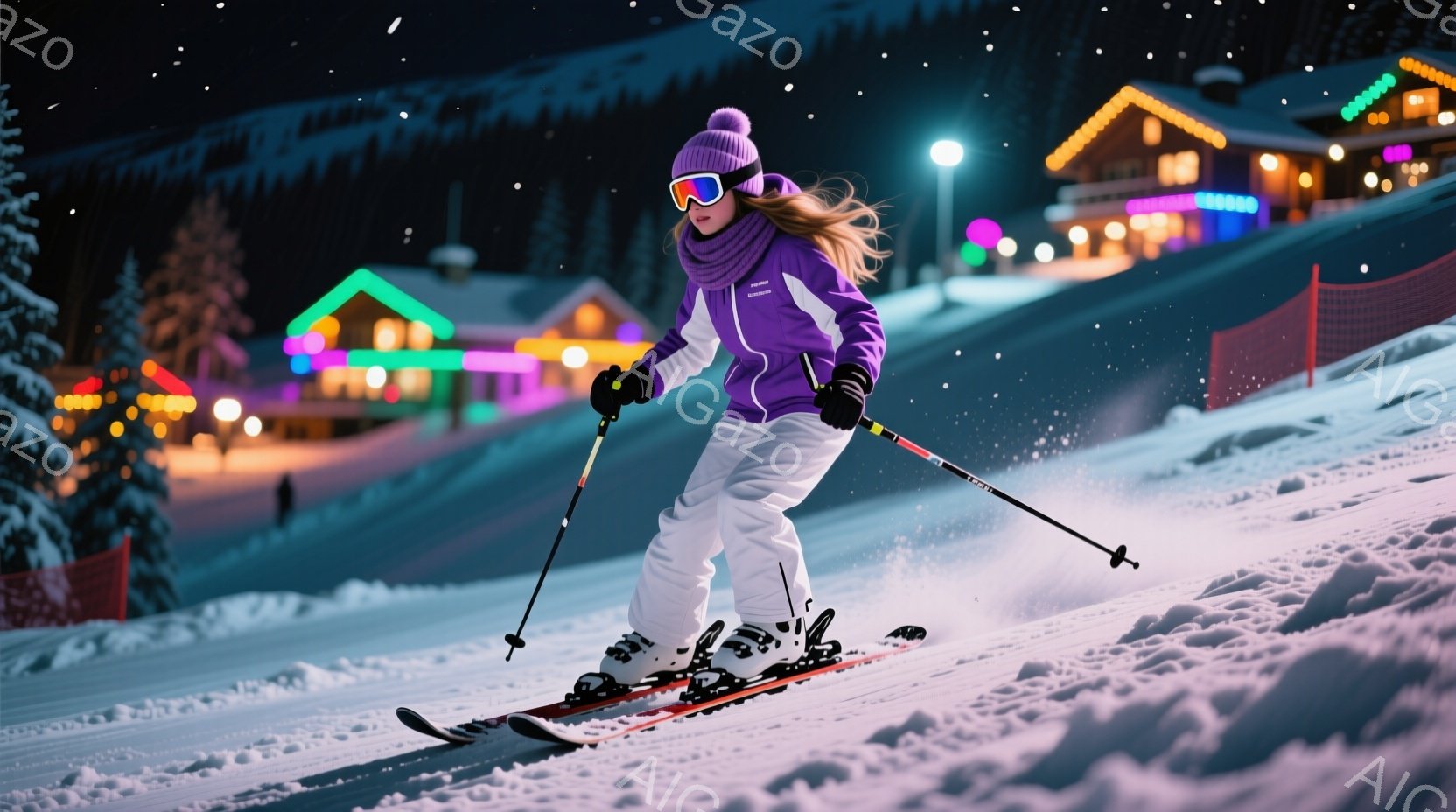 スキーヤーは紫色のスキーウェアと帽子を着用し、鮮やかなピンク色のゴーグルをかけています。彼女は雪の上を滑走しており、姿勢は安定していて、雪煙を巻き上げながらスピード感あふれる様子が表現されています。背 - AI生成フリー素材