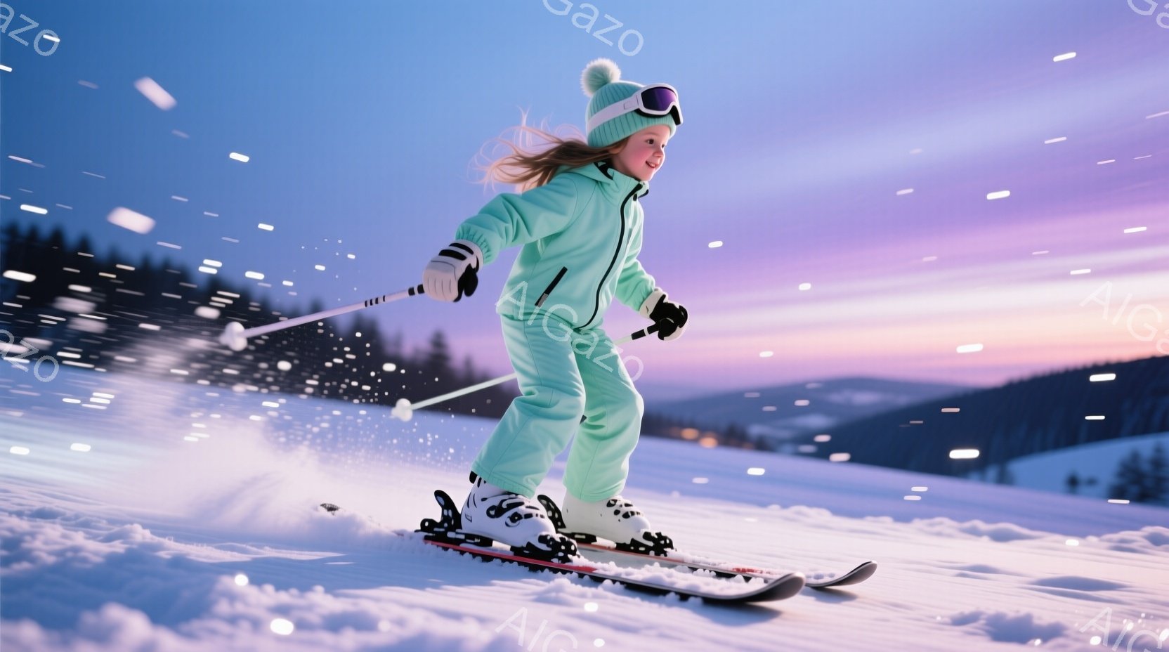 明るい緑色のスキーウェアに身を包んだ少女が、雪上を滑走している。彼女は頭にポンポン付きの帽子を被り、ゴーグルをかけており、髪は後ろで三つ編みにされている。背景には雪に覆われた山々と、夕焼けのような空が広がり、活気と爽やかな雰囲気が漂っている。