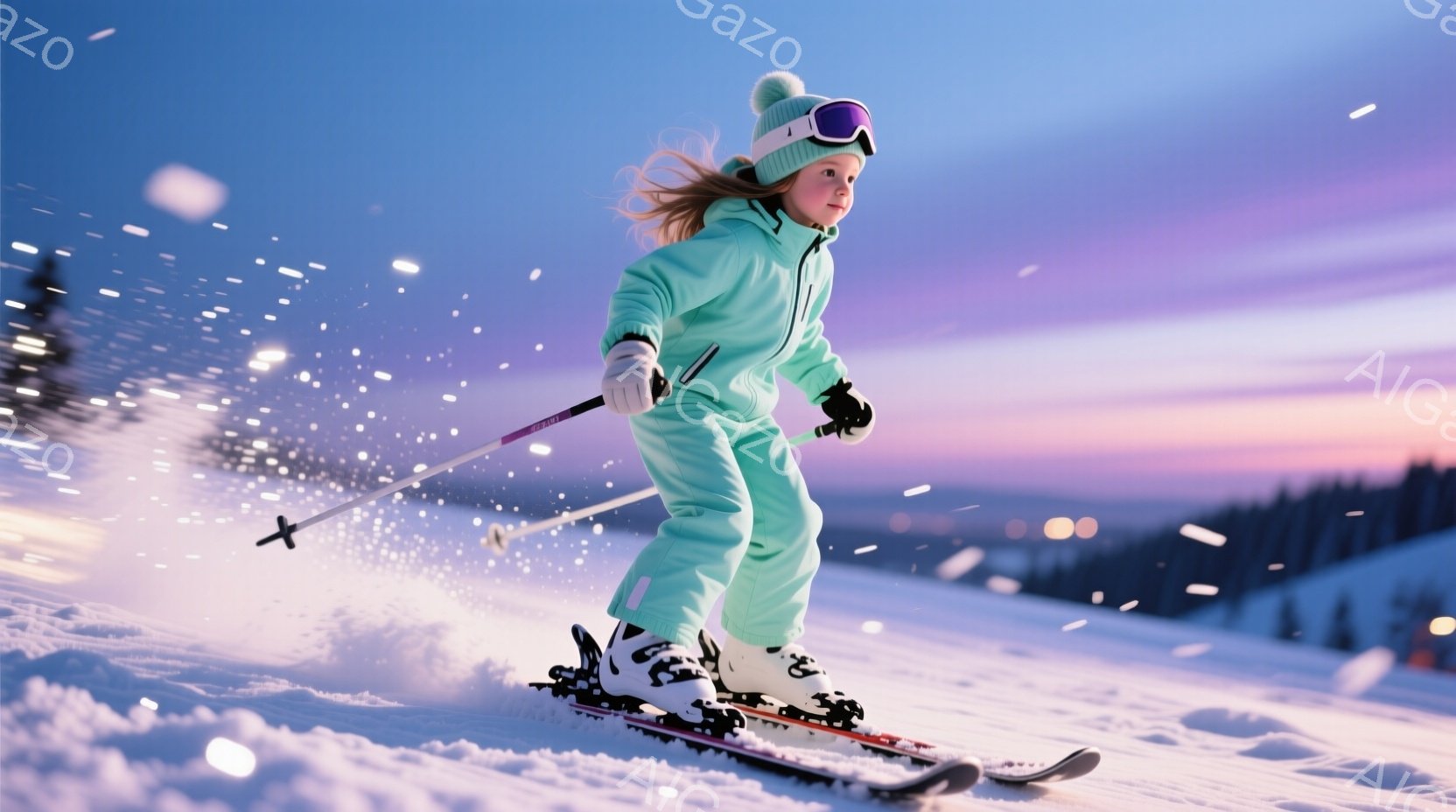 明るい緑色のスキーウェアに身を包んだ少女が、雪の上を滑っている様子が写っている。彼女はピンク色のゴーグルと帽子を着用し、髪は風になびいている。背景には雪をまとった山々と、夕焼けのような空が広がり、活気があり、爽やかな雰囲気を醸し出している。