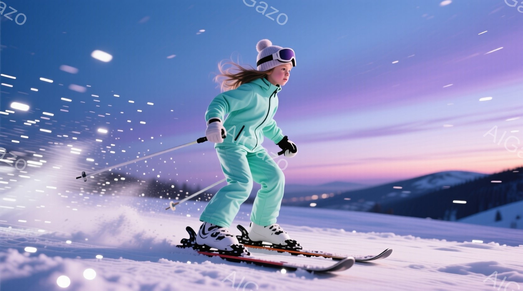 明るいターコイズ色のスキーウェアに身を包んだ少女が、雪山を滑走している。髪は長く、風になびき、顔にはゴーグルをかけているため表情はよく見えないが、姿勢から活発で楽しんでいる様子がうかがえる。背景は夕焼 - AI生成フリー素材