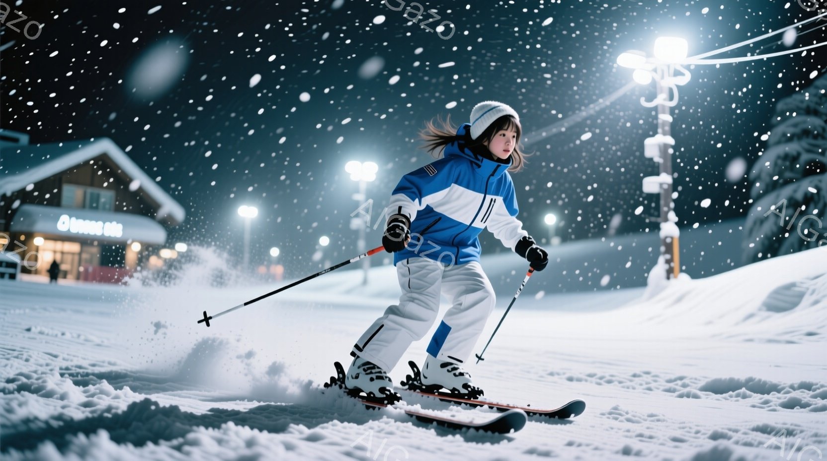 雪山をスキーで滑る少女が写っている。青と白のスキーウェアに黒い髪をポニーテールにし、集中した表情で斜面を疾走している。背景には雪に覆われた山々と、ライトアップされた建物が見え、吹雪が舞う夜のスキー場という雰囲気が伝わる。