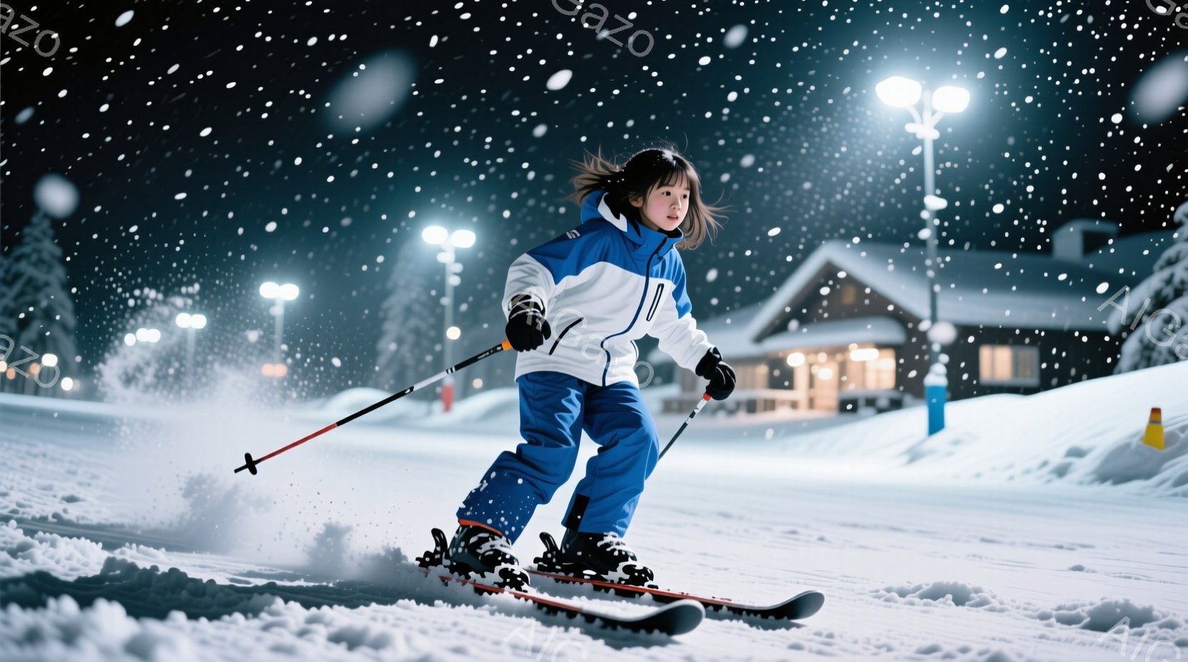 雪山をスキーで滑る少女が写っている。青いスキーウェアに白のジャケット、黒い髪をポニーテールにして、少し前かがみの姿勢でスピード感のある滑りをしている。背景には雪に覆われた建物と街灯が見え、雪が舞う夜の - AI生成フリー素材
