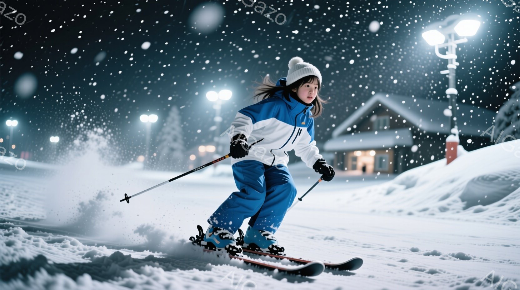 少女がスキーをしており、青いスキースーツと白いジャケット、帽子を着用しています。彼女は前かがみの姿勢で、スキー板を巧みに操り、雪煙を上げて滑走しています。背景には、雪に覆われた建物と街灯がぼんやりと見 - AI生成フリー素材