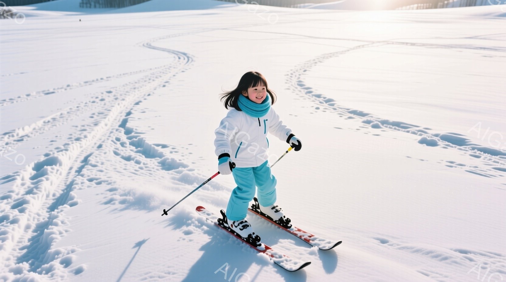 雪の上を滑る少女が写っています。彼女は白いスキーウェアに水色のズボン、手袋を着用し、髪を後ろで結んでいます。晴れた空の下、雪原を滑る姿は活気に満ちており、背景には遠くに見える山々が広がっています。
