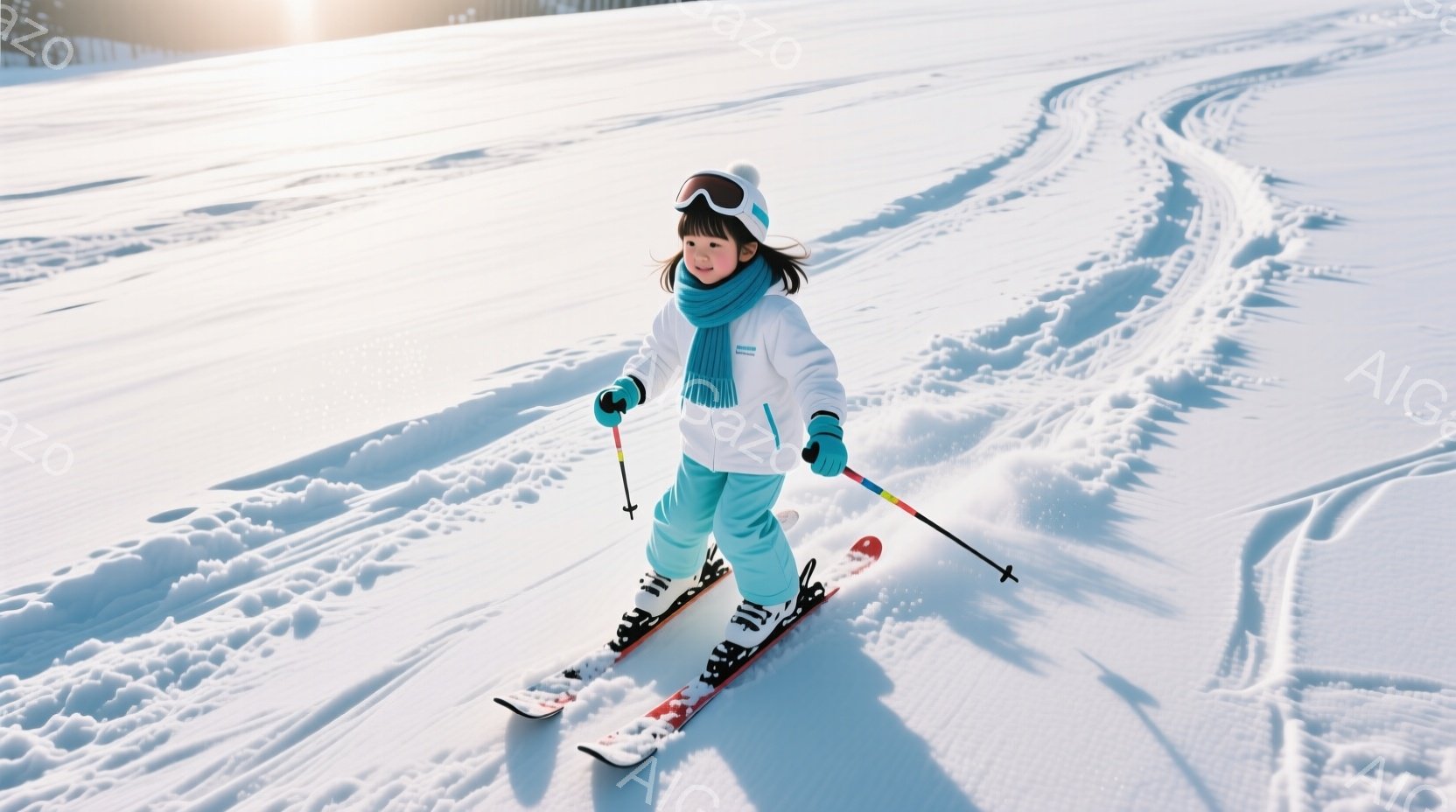 雪の上をスキーをする少女が写っています。彼女は白いジャケットと水色のスキーパンツ、そして白い帽子を着用しており、ピンク色の頬と明るい笑顔を見せています。背景には雪に覆われた斜面が広がり、晴天の下、爽やかな冬の雰囲気が漂っています。