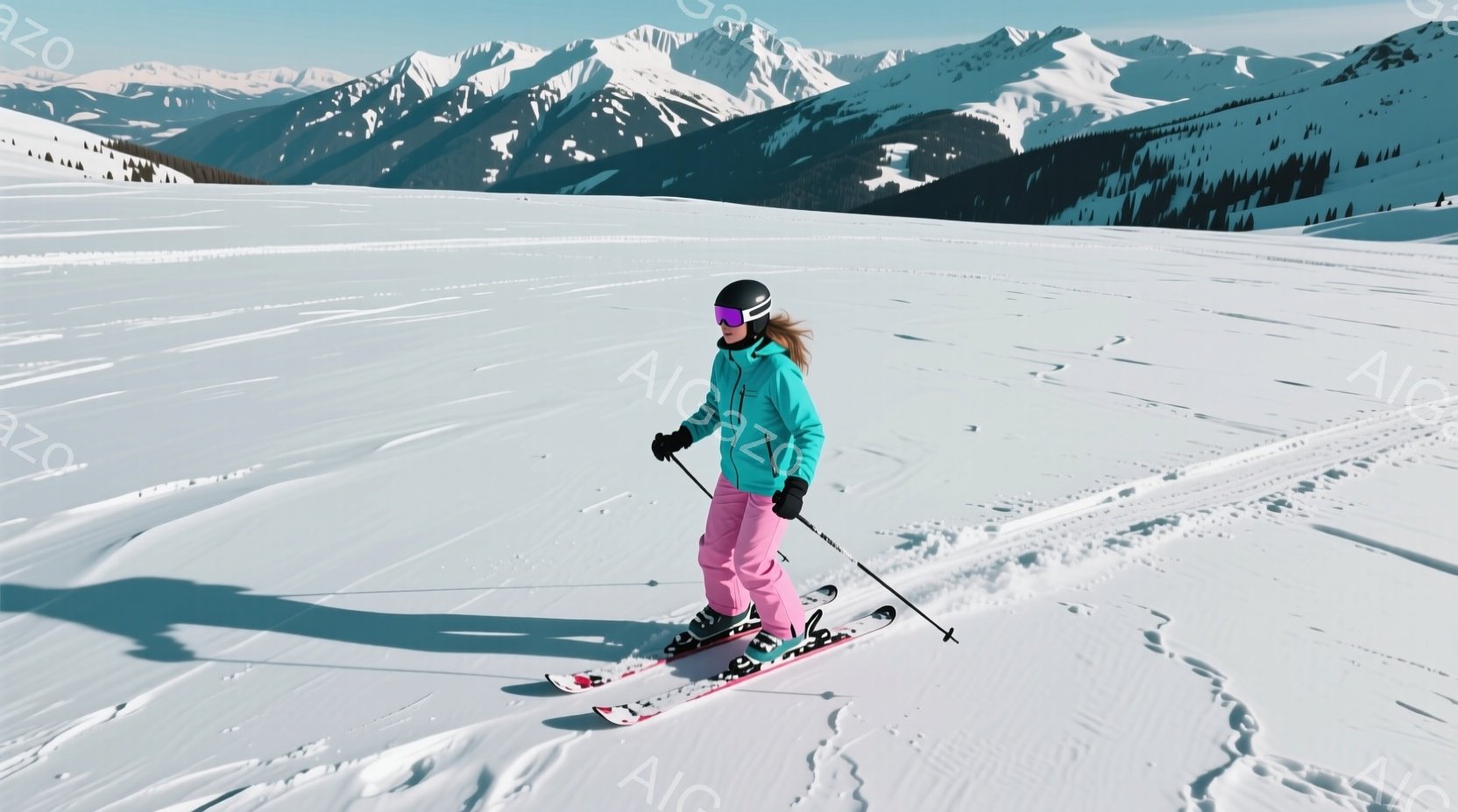 雪山をスキーで滑走する女性が写っています。彼女はターコイズブルーのジャケットとピンクのスキーパンツを着用し、黒いヘルメットとゴーグルで頭部を保護しています。背景には雪をまとった山々が連なり、晴天の下、 - AI生成フリー素材