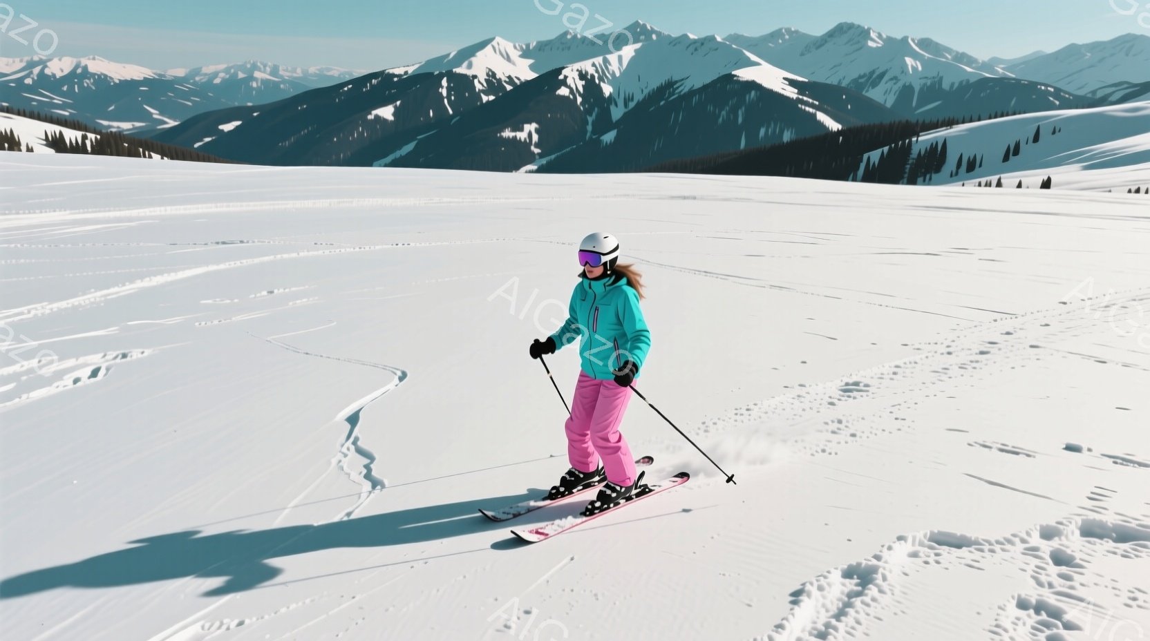 スキーヤーが雪原を滑走している様子が写っている。彼女はターコイズブルーのジャケットとピンク色のズボンを着用し、白のヘルメットとゴーグルで身を守っている。背景には雪をまとった山々が連なり、晴天で雪はキラ - AI生成フリー素材