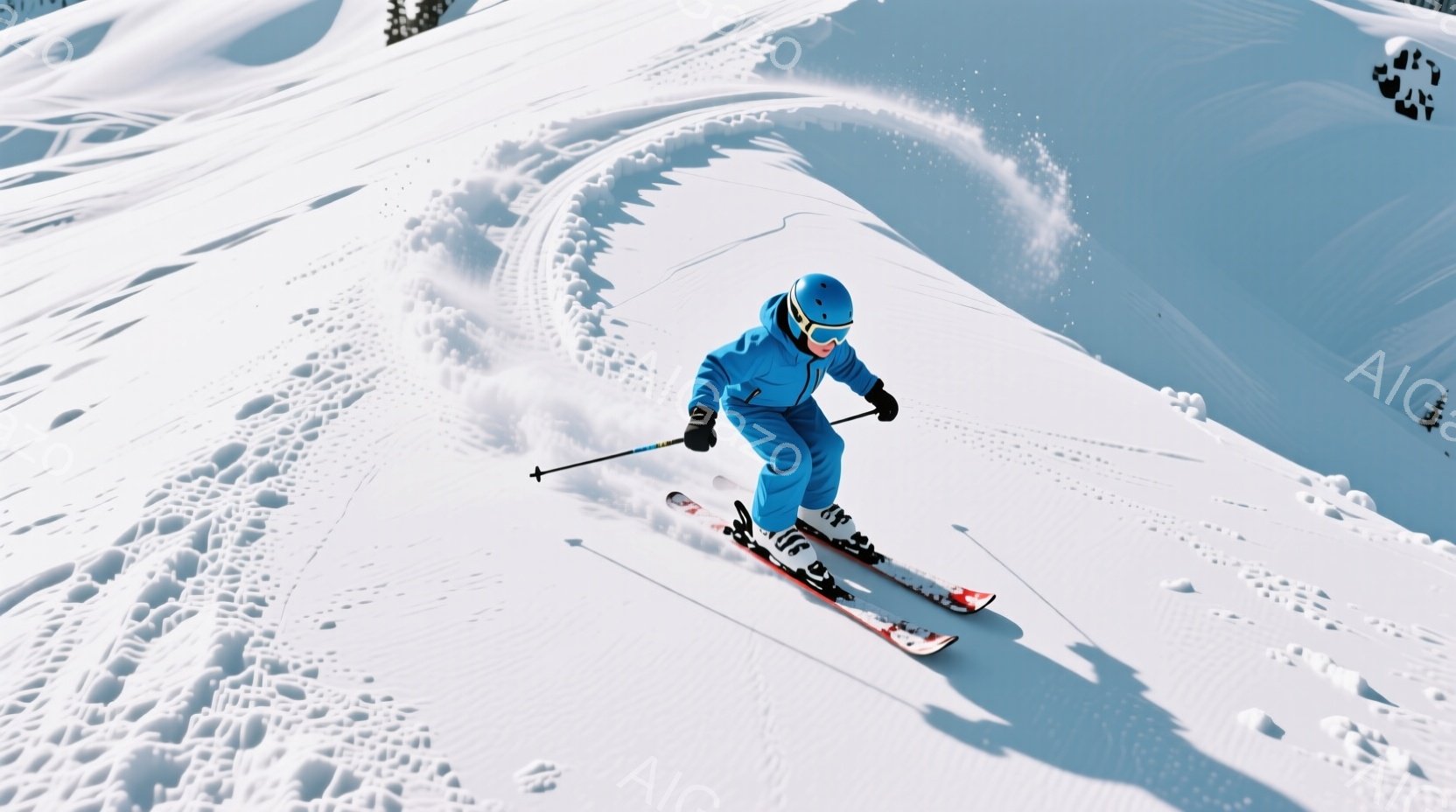 青いスキースーツとヘルメットを着用したスキーヤーが、雪上を滑降している様子が捉えられています。スキーヤーはやや前傾姿勢で、左手にストックを持ち、スピードに乗って滑っているのがわかります。背景は一面の雪景色で、晴天の下、爽やかな冬の雰囲気が漂っています。