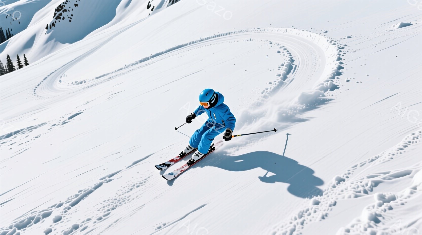 スキーヤーは鮮やかな青いスキーウェア、ヘルメット、ゴーグルを身に着け、雪の上をダイナミックに滑走している。姿勢は低く、バランスが取れており、スピード感あふれるターンを描いている。背景には雪山が広がり、天候は晴れで、雪面は太陽の光を反射して輝いている。