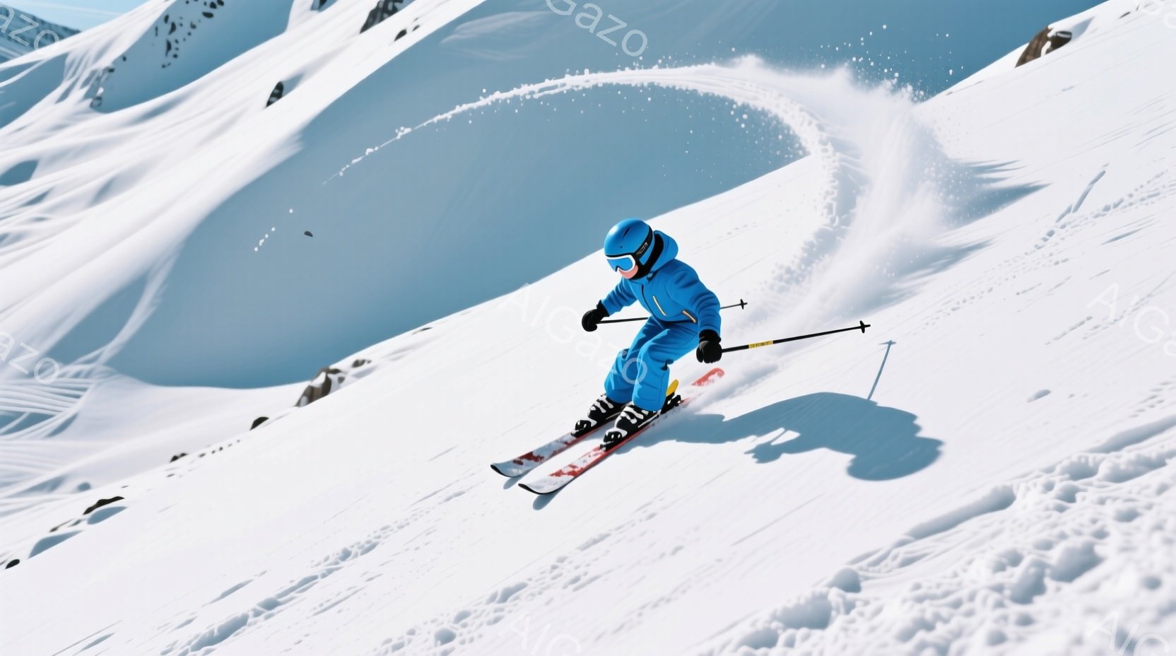 青いスキーウェアとヘルメットを着用した人物が、雪山を高速で滑走している様子が写っている。スキーヤーは前傾姿勢で、雪を巻き上げながら力強くターンを決めている。背景には雪に覆われた山々が広がり、晴天の下、爽やかな冬の雰囲気が漂っている。