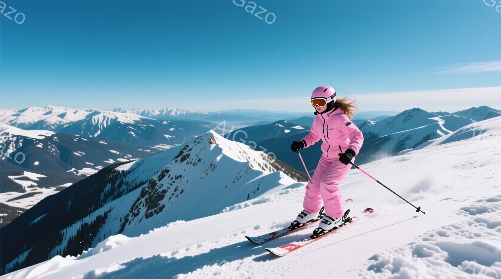 ピンク色のスキーウェアに身を包んだ女性が、雪山を滑走している。彼女は金髪を露出させ、ゴーグル越しに前を見据え、活気に満ちた姿勢でスキーを楽しんでいる。背景には雪をまとった山々が連なり、晴天の下、冬の爽 - AI生成フリー素材