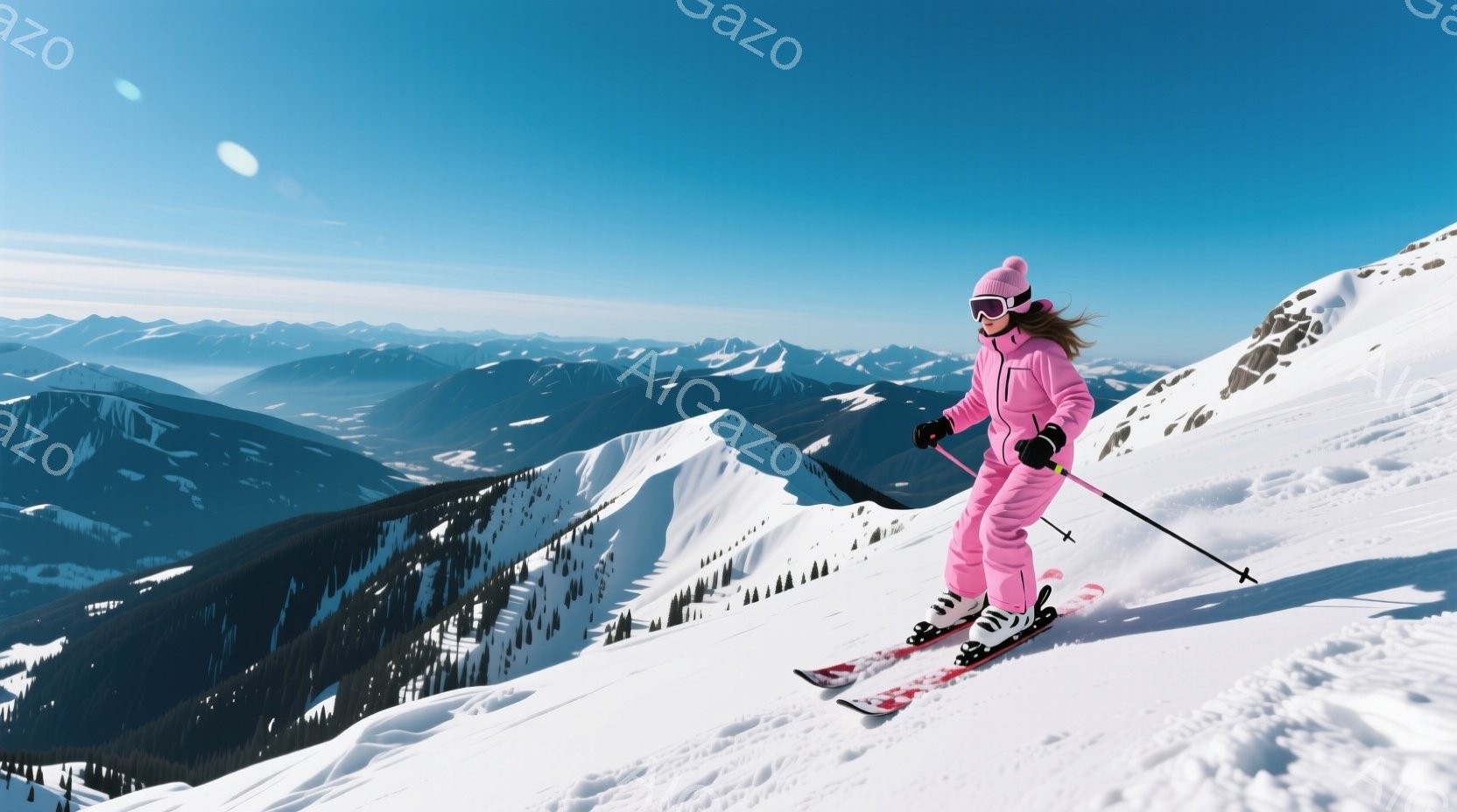 ピンク色のスキーウェアと帽子を身に着けた女性が、雪山を滑降している。彼女は、ピンクと白のスキー板を履き、ポーズを取りながら、雪煙を上げている。背景には、雪を頂いた山々が連なり、晴天の下、爽やかな冬の風景が広がっている。