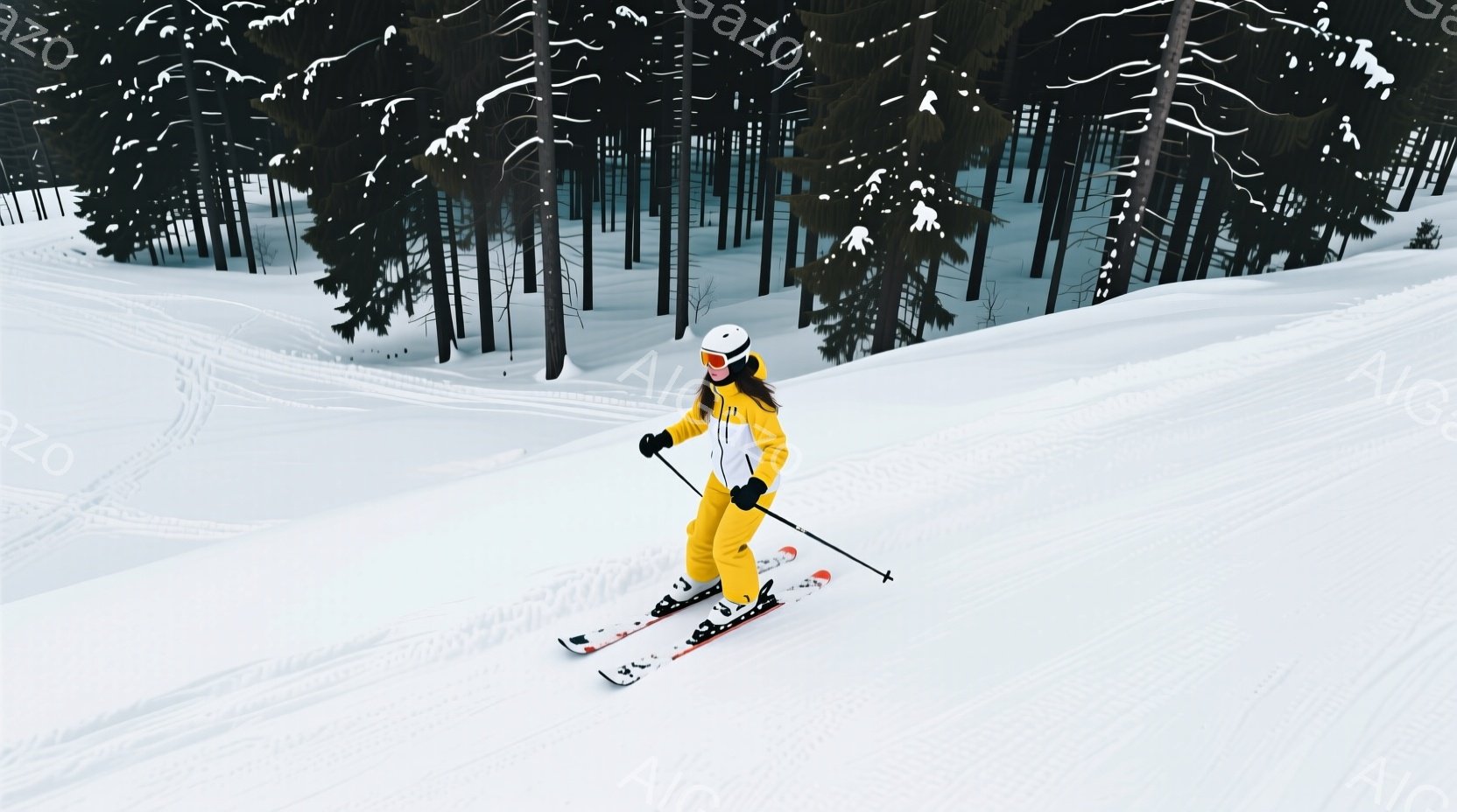 スキーヤーは鮮やかな黄色いスキーウェアとヘルメットを着用し、雪の上を滑走しています。彼女は前かがみの姿勢で、スキーポールを構え、集中した表情をしています。背景には、雪に覆われた針葉樹林が広がり、冬の静 - AI生成フリー素材