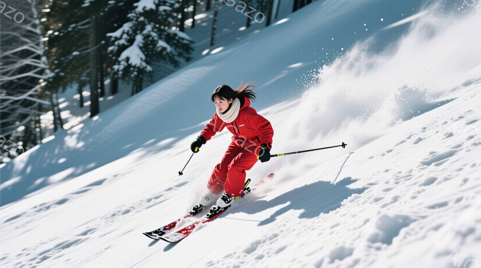 赤いスキースーツに身を包んだ女性が、雪山を滑走している様子が写っている。彼女は黒髪を後ろで結い、やや前傾姿勢でスピードに乗って滑っている。背景には白く輝く雪原と、ぼんやりと見える針葉樹林が広がり、晴天の下、活気あるウィンタースポーツの雰囲気が感じられる。