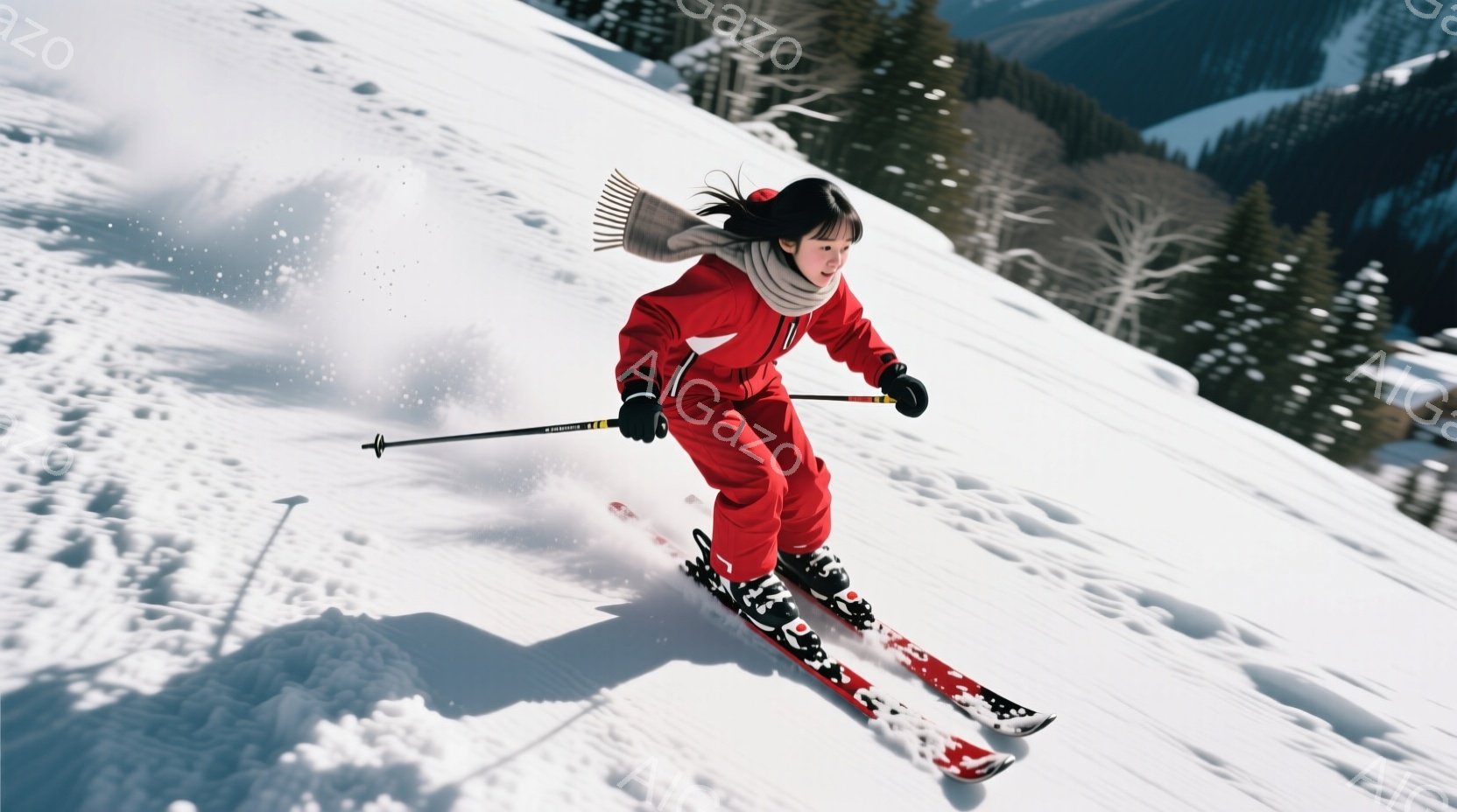 真っ赤なスキーウェアに身を包んだ女性が、雪山を滑走している様子が写っている。彼女は黒髪を後ろでまとめ、集中した表情でスキーを楽しんでいるようだ。背景には雪をまとった木々と山々が広がり、晴天の下、爽やか - AI生成フリー素材