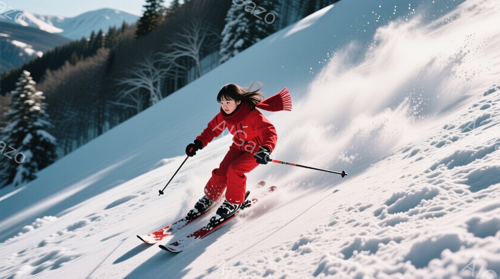 赤いスキーウェアに身を包んだ女性が、雪山を滑走している様子が写っている。彼女は黒髪を後ろでまとめ、勢いよく斜面を下っている。背景には白銀の雪に覆われた山々と、うっすらと見える針葉樹林が広がり、晴天の下、活気と爽やかさが感じられる。