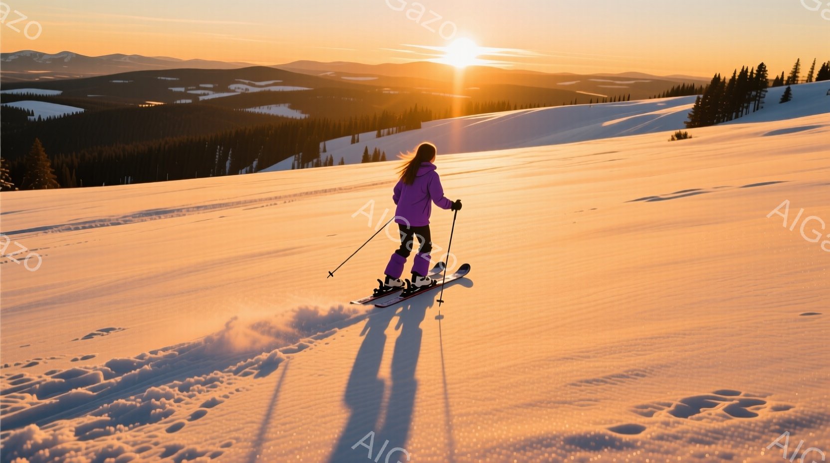スキーヤーが雪原を滑走しており、紫色のスキーウェアと黒髪を背中に垂らした姿が印象的だ。背景には山々が連なり、夕焼けのオレンジとピンク色が雪原と空を照らしている。全体的に穏やかで美しい、冬の自然を満喫する雰囲気が漂う。