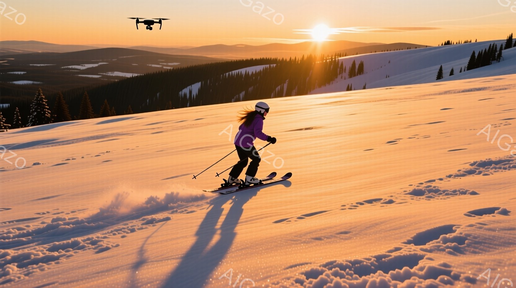スキーヤーは紫色のスキーウェアとヘルメットを着用し、長い髪を後ろでなびかせながら雪上を滑走している。背景には、夕焼けに照らされた雪山が広がり、オレンジ色の光が雪原全体を温かく染めている。全景は、冬の澄んだ空気の中でスキーを楽しむ活気ある瞬間を捉えた、鮮やかで希望に満ちた雰囲気を醸し出している。