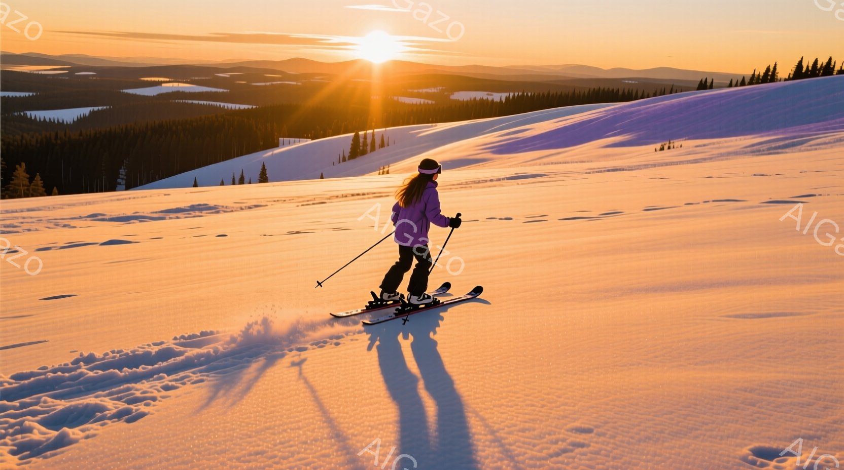 スキーヤーが雪原を滑走している様子が捉えられています。紫色のジャケットと黒のズボンを身につけ、頭にはヘルメットを被っており、長い髪はジャケットから覗いています。背景には雪をまとった山々と、夕焼けのようなオレンジ色の空が広がり、暖かく幻想的な雰囲気を醸し出しています。
