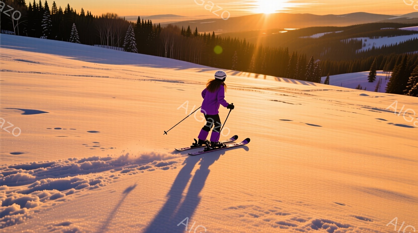 スキーヤーは紫色のジャケットと黒いズボンを身に着け、雪の上を滑走しています。背景には松の木が生い茂り、夕焼けのような暖かい光が雪原を照らし出しています。全体的に、爽やかで活気のある冬の風景が広がっています。