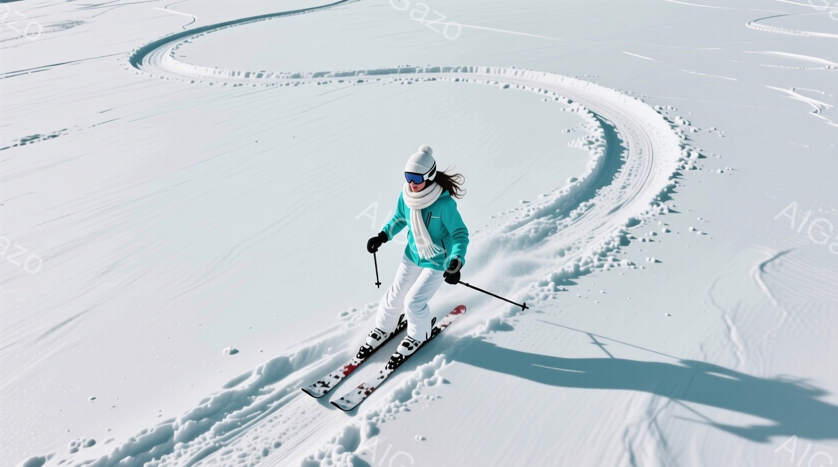 白いスキーウェアにターコイズブルーのジャケットを羽織った女性が、雪山を滑走している。彼女は髪を後ろでまとめ、サングラスをかけ、滑ることに集中しているようだ。背景は一面の雪景色で、彼女の滑跡が雪面に美しい模様を描いている。