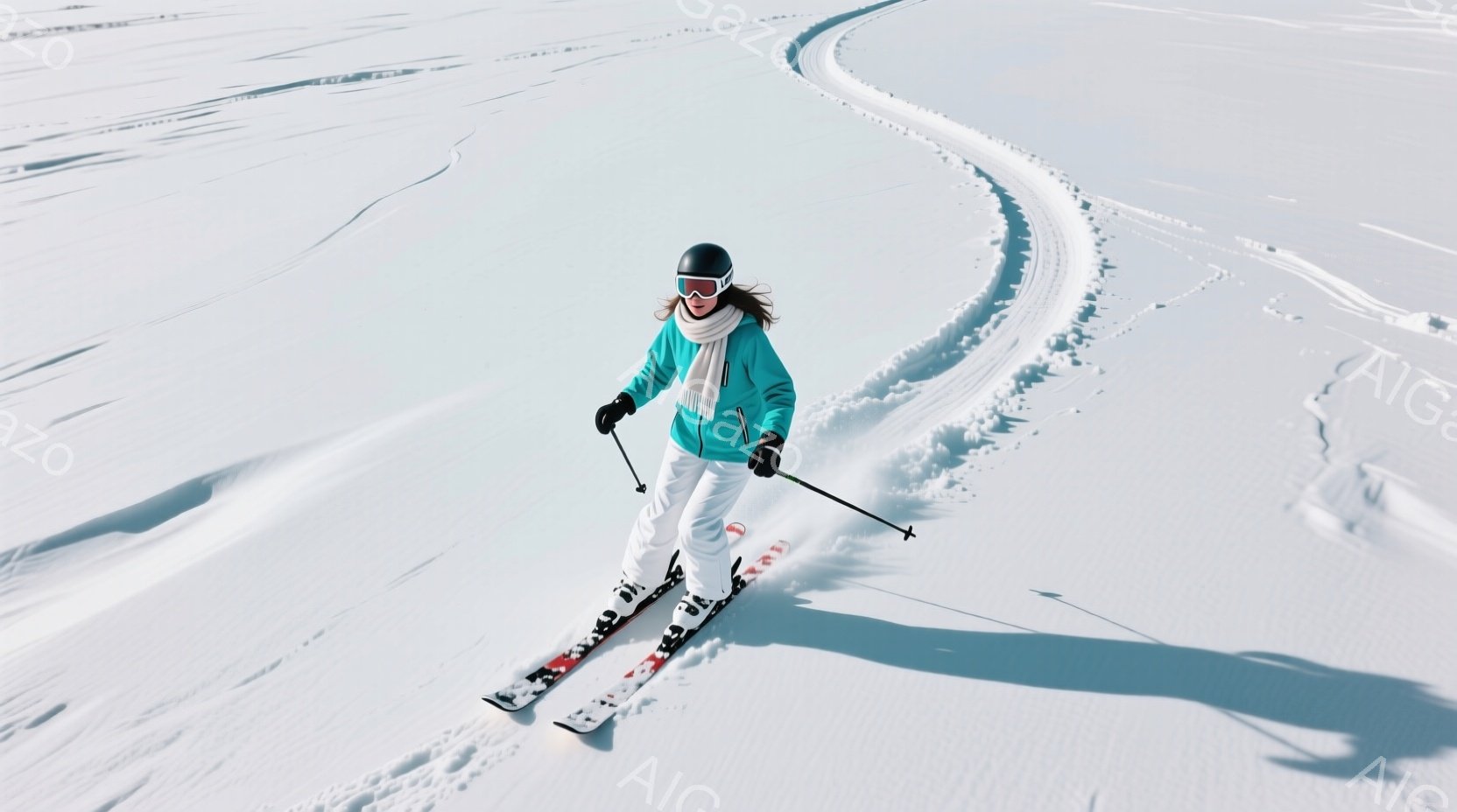 白い雪の上を女性がスキーで滑っている様子が写っている。彼女はターコイズブルーのジャケット、白いズボン、黒いヘルメットを着用し、首に白いマフラーを巻いている。背景は一面の雪景色で、彼女の滑った跡が曲線を描いている。