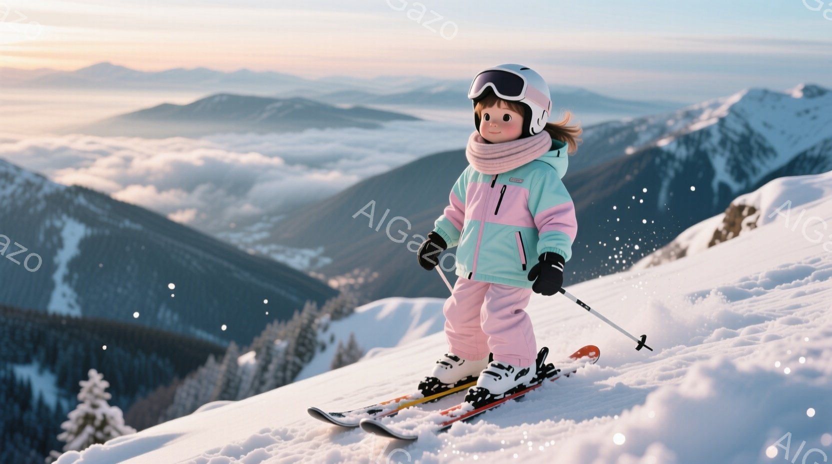 雪山の斜面でスキーをする幼い女の子が写っています。ピンク色のスキーウェアに、緑と白のストライプのセーターを着ており、頭には白のヘルメットをかぶり、ゴーグルをかけています。背景には雪に覆われた山々が連な - AI生成フリー素材