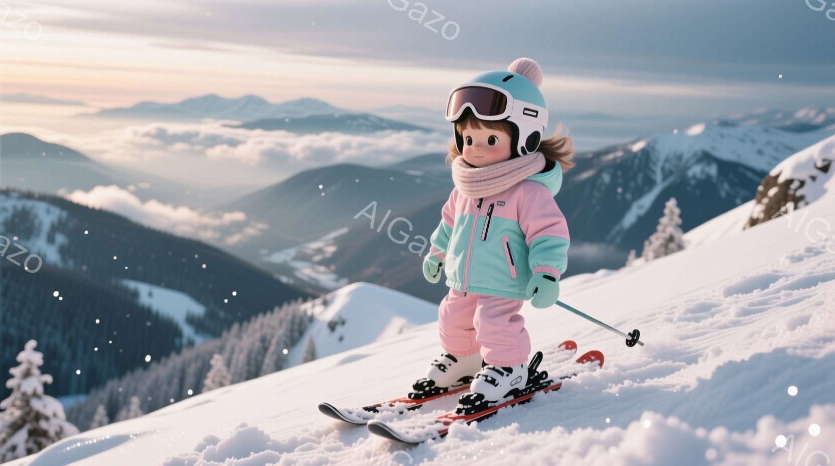 雪山を背景に、スキーウェア姿の幼い少女が立っている。ピンクのスキーウェアに水色の縁取りがあり、頭にはピンクの帽子とゴーグルを着用し、髪は外ハネになっている。背景には雪に覆われた山々が広がり、薄い雲が浮かび、冬の静かで幻想的な雰囲気を醸し出している。