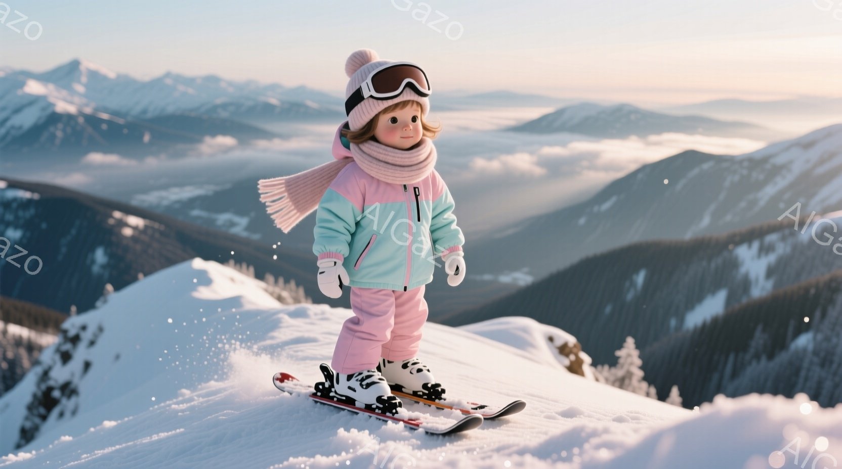 雪山を背景に、ピンクのスキーウェアを着た幼い女の子が立っている。彼女はピンクと白のニット帽、ゴーグル、そして薄いピンクのマフラーを身に着け、小さなスキー板を履いている。背景には、雪をまとった山々が広が - AI生成フリー素材