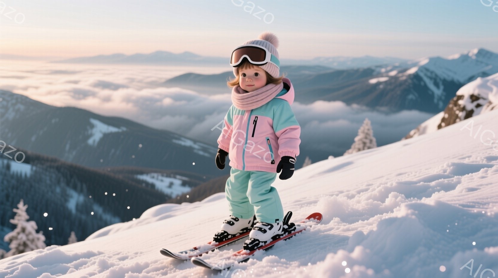 雪山を背景に、ピンクと水色のスキーウェアに身を包んだ幼い少女が立っている。頭にはポンポン付きの帽子を被り、ゴーグルをかけているため表情ははっきりと見えないが、姿勢から活発で元気な様子が伺える。背景には雪をまとった山々が広がり、雲海が幻想的な雰囲気を醸し出している。