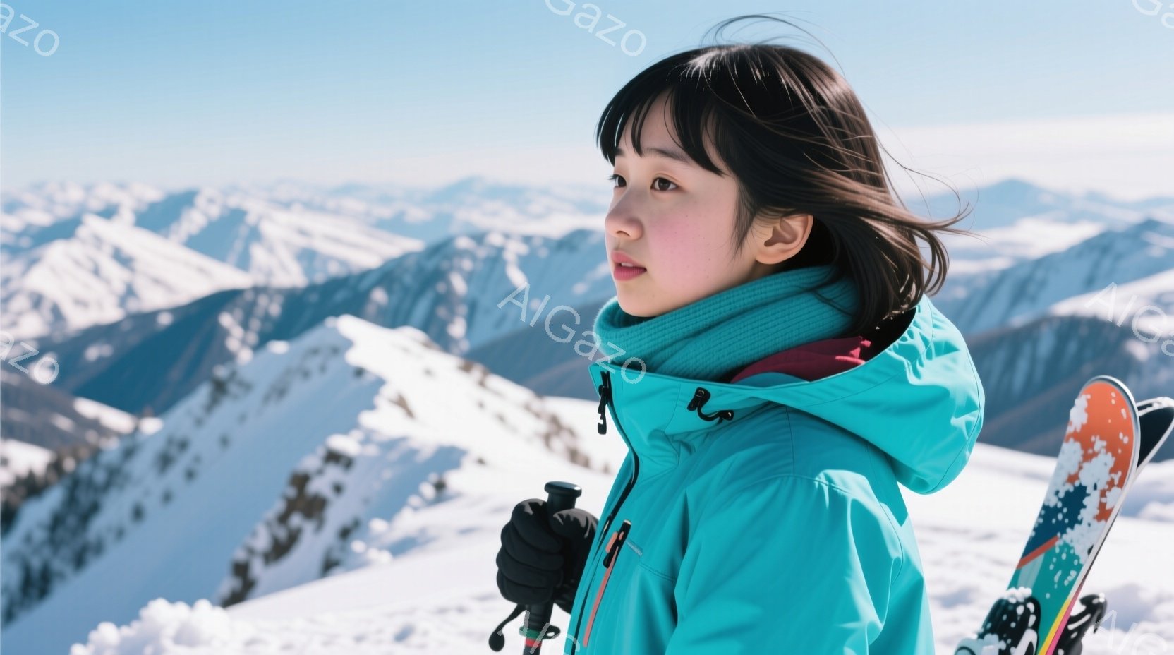 スキーウェアのターコイズブルーのジャケットと黒い手袋を身につけた女性が、雪山を背景に横向きに立っている。彼女は黒髪で、顔の横に髪が流れ、少し微笑んでいるように見える。背景には、雪を頂いた山々が広がり、晴天で雪原は輝いている。