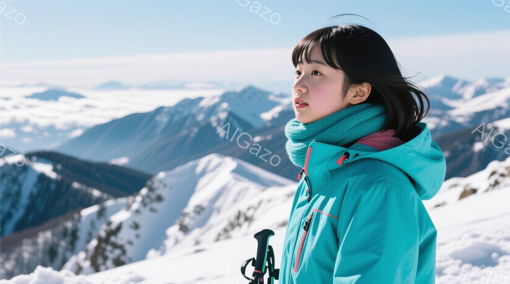 ターコイズブルーのジャケットとピンクのネックウォーマーを身につけた女性が、雪山を背景に横を向いています。彼女は黒髪で、少し微笑んでいるように見え、遠くを見つめています。背景には、雲海から顔を出す雪を頂いた山々が広がり、晴天で穏やかな冬の日の雰囲気を醸し出しています。