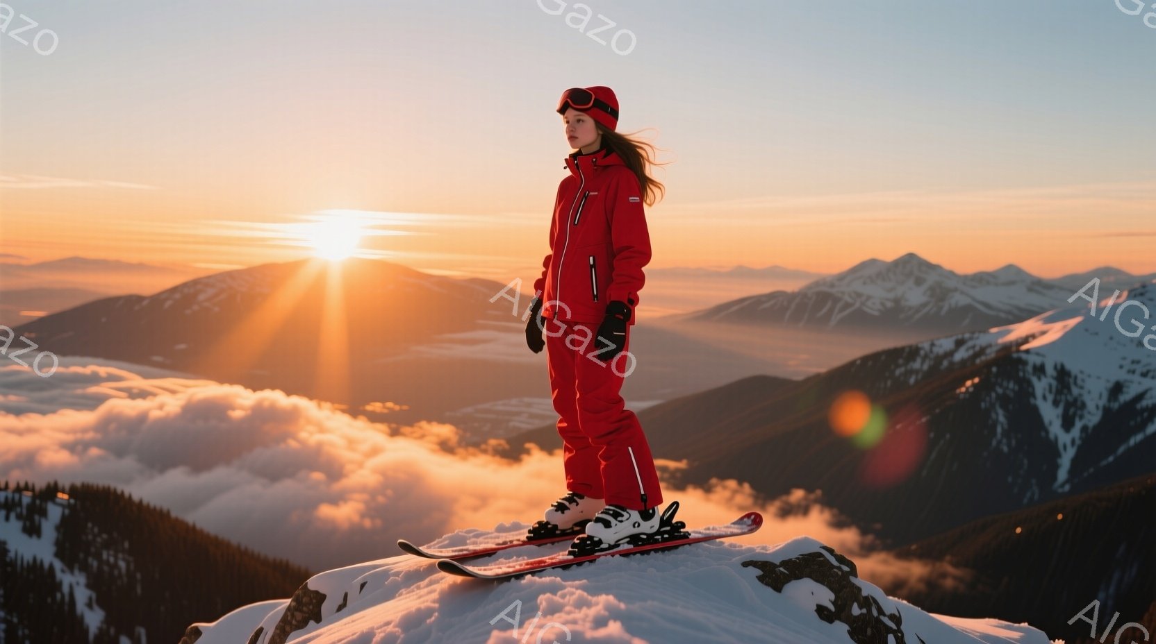 赤いスキースーツに身を包んだ女性が、雪山の上でスキー板に立っている。彼女は後ろを向き、夕焼けに照らされた山々を見つめている様子で、髪は風になびいている。背景には雲海と夕焼けに染まる山脈が広がり、暖かく壮大な雰囲気を醸し出している。