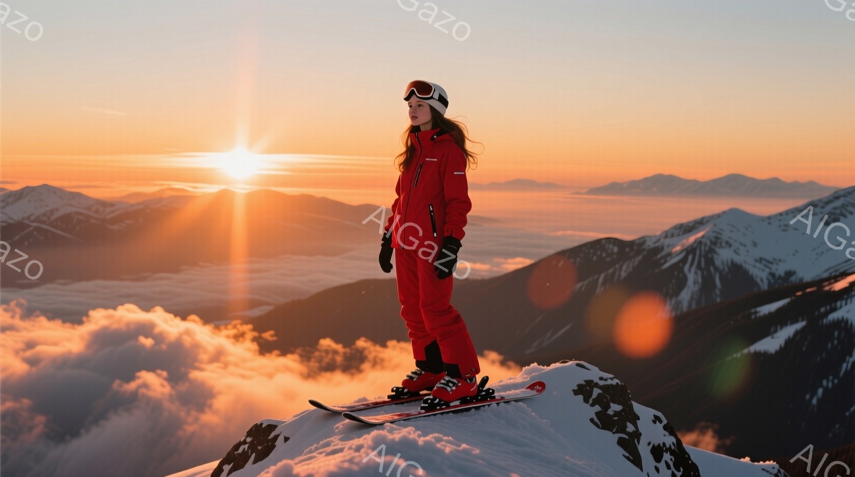 赤いスキースーツに身を包んだ女性が、雪山の上でスキー板に立っている。彼女は長い髪を後ろで束ね、黒いゴーグルを着用し、夕焼けに照らされた山々を見つめているように見える。背景には雲海が広がり、オレンジとピ - AI生成フリー素材